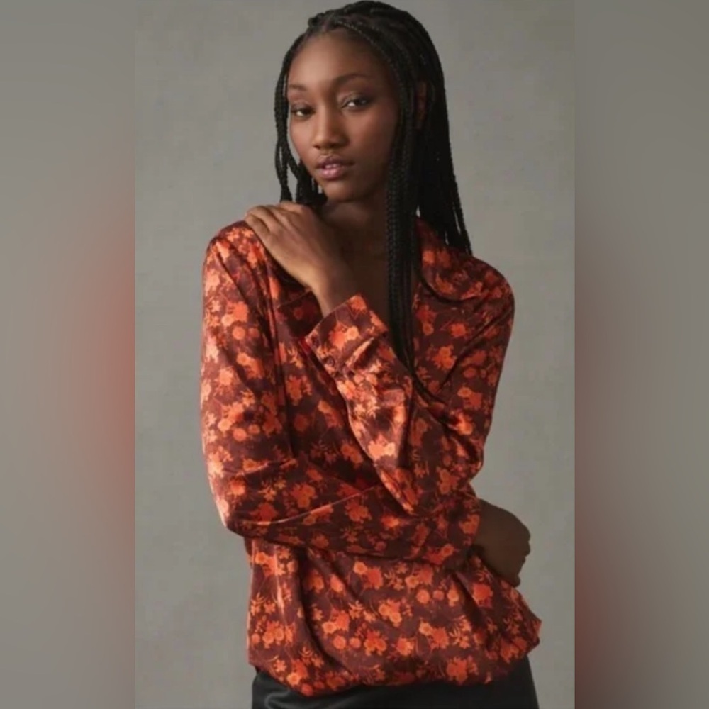 Anthropologie Floral Silky Satin Long-Sleeve Blouse in Rust Red Orange